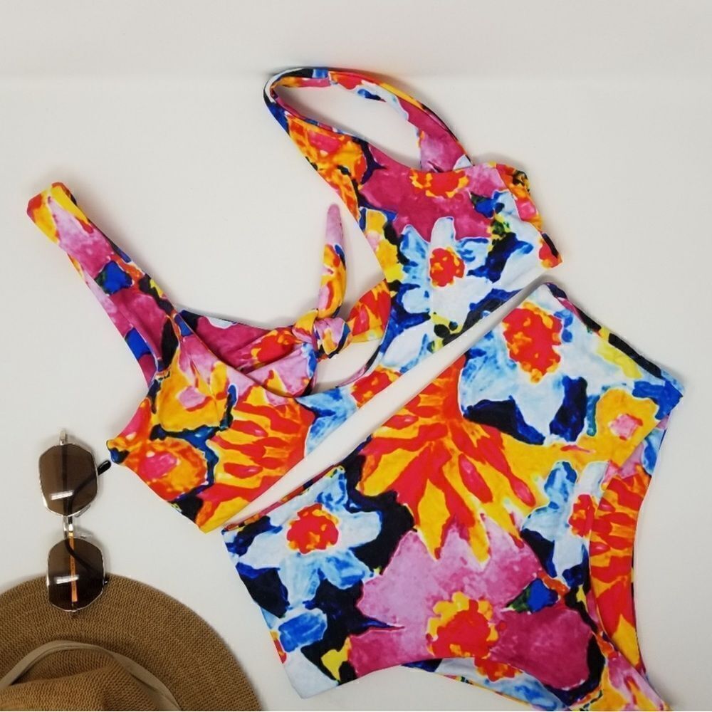 EUC ANGL Multicolor Print Tie Front High Waist Bikini Medium